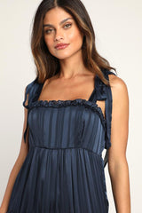 Day for Romance Navy Blue Tie-Strap Tiered Midi Dress