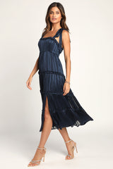 Day for Romance Navy Blue Tie-Strap Tiered Midi Dress