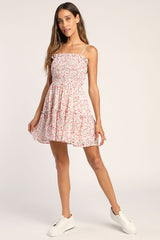 Petal Perfection Pink Floral Print Smocked Tiered Mini Dress