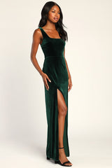 Elegant Sweetie Emerald Green Velvet Square Neck Maxi Dress