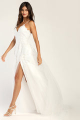 Vow to Cherish White Embroidered Lace-Up Tulle Maxi Dress