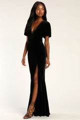 Elegant Evenings Black Velvet Flutter Sleeve Trumpet Maxi Dress