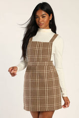 Plaid to Be Yours Beige and Brown Plaid Pinafore Mini Dress