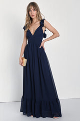Soiree Celebration Navy Blue Ruffled Lace-Up Maxi Dress