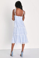 Vineyard Visit Blue Embroidered Tie-Strap Tiered Midi Dress