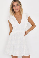 Flirtatious in Florence White Ruffled Eyelet Cotton Mini Dress