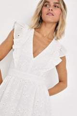 Flirtatious in Florence White Ruffled Eyelet Cotton Mini Dress