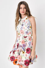 Blooming Bliss Ivory 3D Floral Embroidered Halter Mini Dress