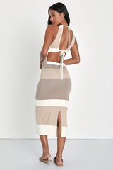 Chic Obsession Beige Striped Tie-Back Sleeveless Sweater Dress
