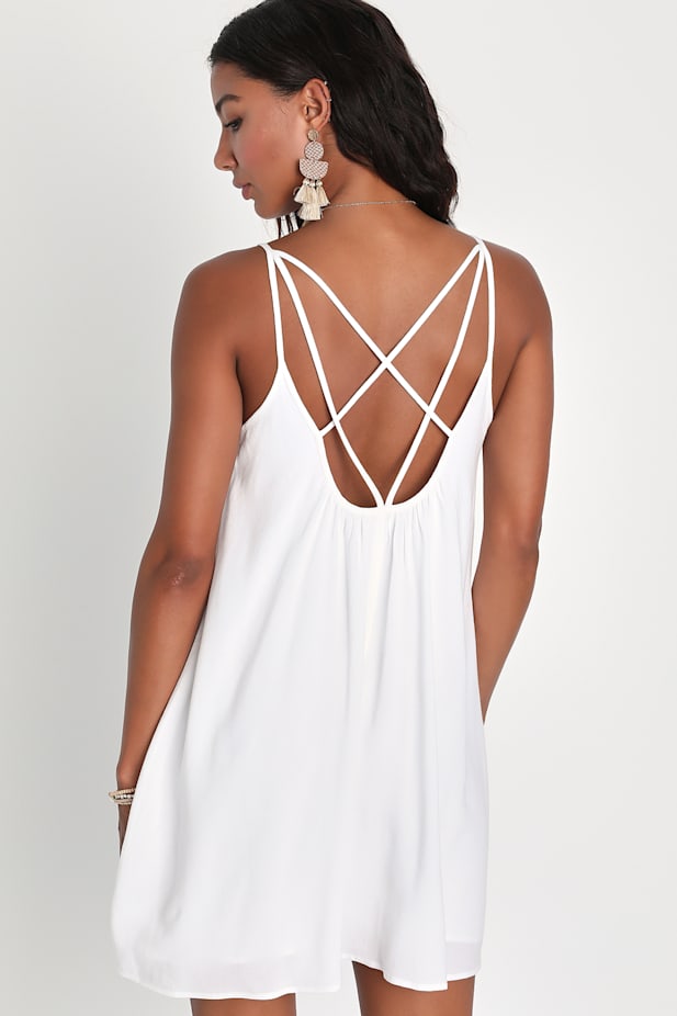 Inspirational Cutie White Linen Strappy Shift Mini Dress