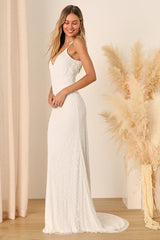 Cherished Vow White Beaded Backless Mermaid Maxi Dress