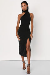 Keep It Interesting Black Asymmetrical Cutout Halter Midi Dress
