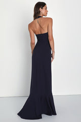 Majestic Perfection Navy Blue Ruffled Halter Maxi Dress