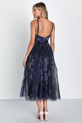 Elaborate Elegance Navy Floral Print Tulle Pleated Midi Dress