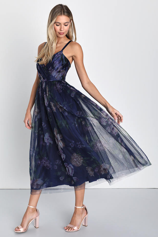 Elaborate Elegance Navy Floral Print Tulle Pleated Midi Dress