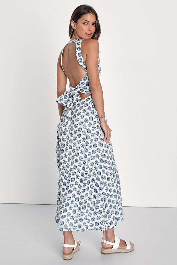 Flirty Fave Ivory Floral Print Tie-Back Midi Dress