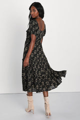 Adorable Ideal Black Floral Print Tiered Ruffled Midi Dress