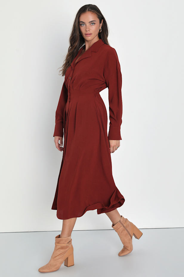 Timeless Class Dark Red Collared Button-Up Pleated Midi Dress