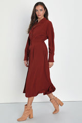 Timeless Class Dark Red Collared Button-Up Pleated Midi Dress