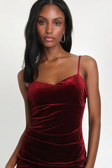 Plush Personality Wine Red Velvet Ruched Bodycon Midi Dress