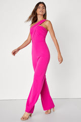 Devoted to Fun Hot Pink One-Shoulder Sleeveless Jumpsuit