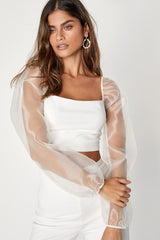 Sheerly Sultry Ivory Organza Balloon Sleeve Two-Piece Jumpsuit