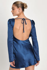 Adoring Charm Dark Blue Satin Long Sleeve Backless Mini Dress