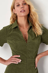 Go-Getter Girl Olive Green Corduroy Mini Dress With Pockets