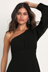Graceful Elegance Black One-Shoulder Long Sleeve Maxi Dress