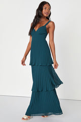 Luxe Perfection Emerald Green Pleated Tiered Backless Maxi Dress