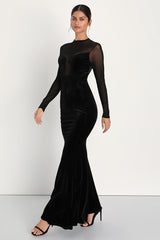Alluring Fixation Black Velvet Mesh Long Sleeve Maxi Dress