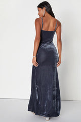 Kissable Beauty Slate Blue Velvet Sleeveless Maxi Dress