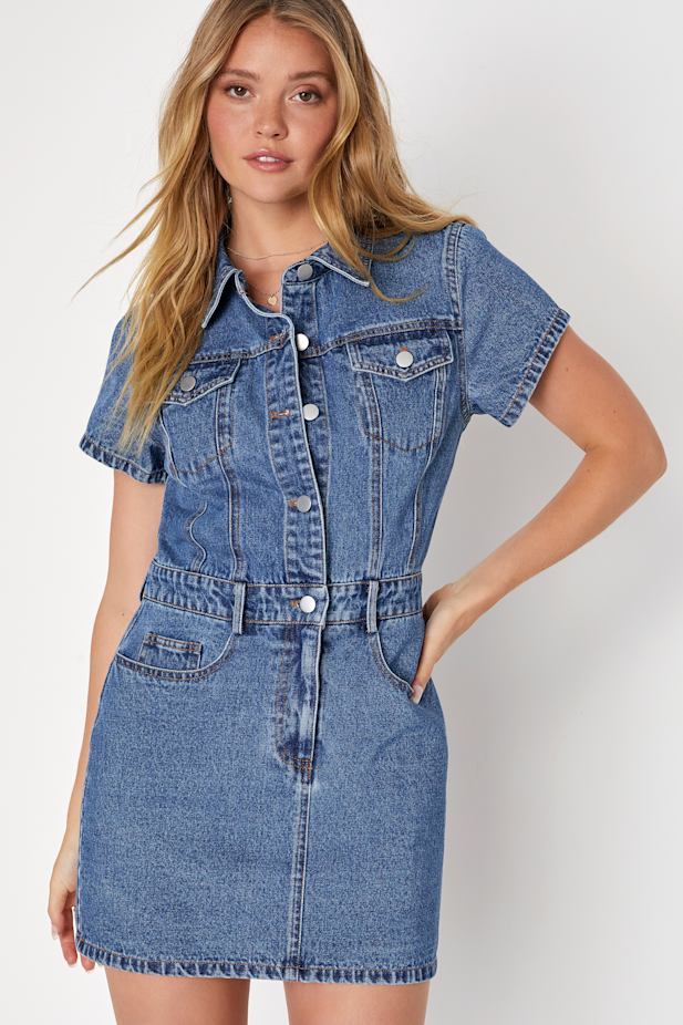Ready to Charm Medium Wash Short Sleeve Denim Mini Dress