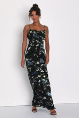 Chic Romantic Black Burnout Velvet Floral Cowl Neck Dress
