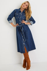 Edgy Instinct Dark Wash Denim Long Sleeve Midi Dress