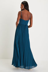 Sensational Charmer Teal Blue Pleated Sleeveless Maxi Dress