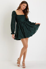 Darling Persona Emerald Green Jacquard Puff Sleeve Mini Dress