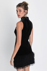 Lavish Objective Black Velvet Mock Neck Ruffled Mini Dress