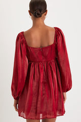 Upscale Stunner Wine Red Organza Long Sleeve Babydoll Mini Dress