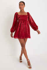 Upscale Stunner Wine Red Organza Long Sleeve Babydoll Mini Dress