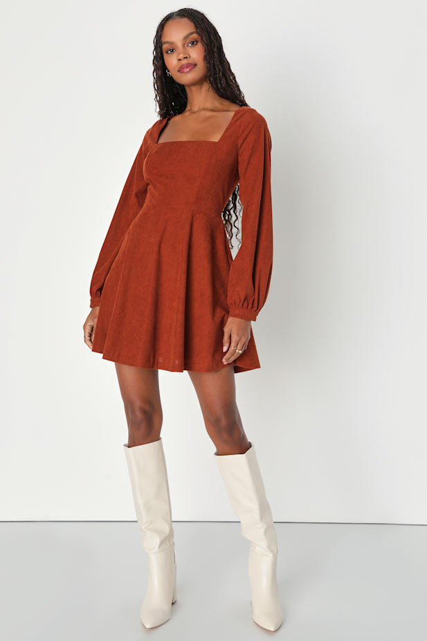 Daily Affection Rust Orange Corduroy Mini Dress With Pockets
