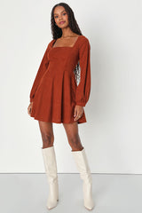 Daily Affection Rust Orange Corduroy Mini Dress With Pockets