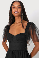 Dreamy Celebration Black Tulle Bustier Swiss Dot Midi Dress