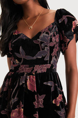 Oh-So Lovely Black Floral Burnout Velvet Tiered Midi Dress