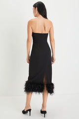 Fancy Behavior Black Bustier Strapless Feather Midi Dress