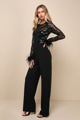 Limitless Radiance Black Sequin Feather Long Sleeve Jumpsuit