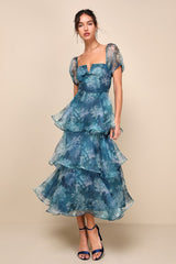 Darling Vision Teal Floral Organza Puff Sleeve Tiered Midi Dress