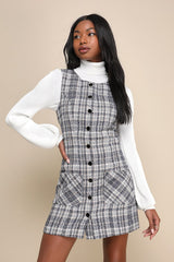 Posh Arrival Navy Blue Multi Plaid Tweed Mini Dress