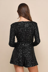 Cue the Shine Black Sequin Long Sleeve Romper