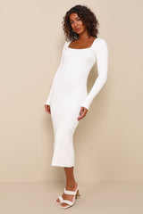 Gleaming Babe White Ribbed Knit Pearl Midi Sweater Dress